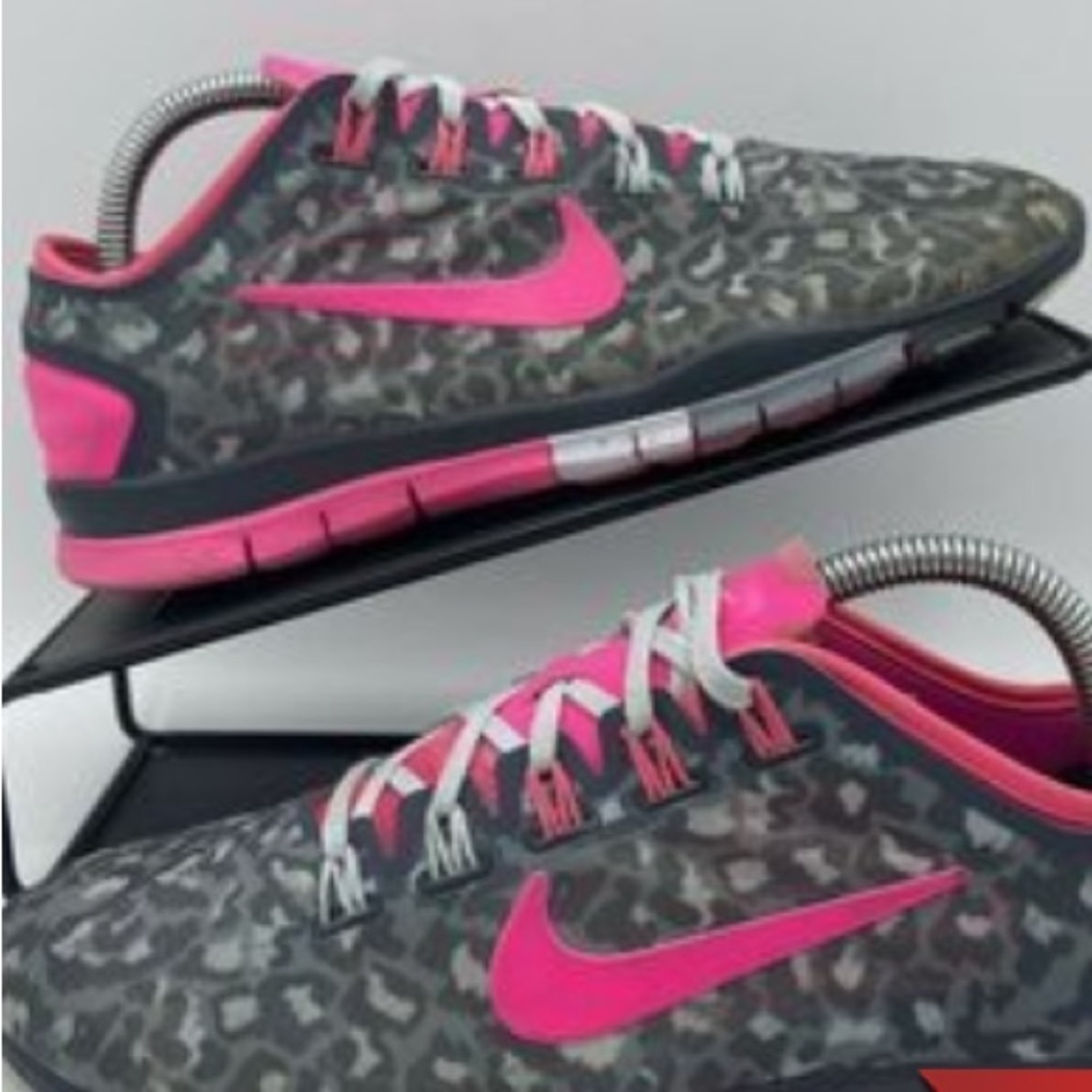 Nike Gray Leopard-Print Athletic Sneakers with Hot Pink Swoosh
